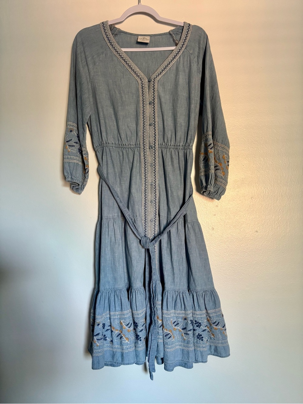 St. John's Bay Light Blue Embroidered Midi Dress with Tie Belt